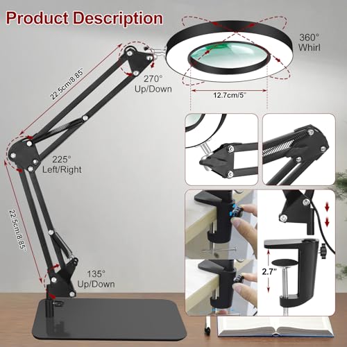 12X Magnifying Lamp with Light, 2-in-1 Clamp Desk LED Magnifier - size: 5 Inches - 12X
