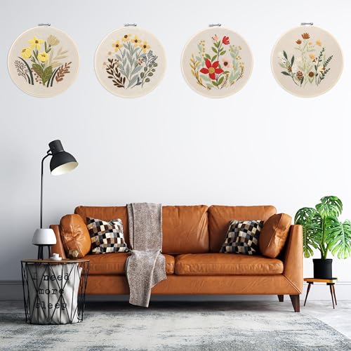 Bonroy 4 Sets Embroidery Set for Beginners, Art Craft, Easy Sewing, Includes Embroidery Clothing, Pattern, Embroidery Hoop, Instruction Manual, Colorful Thread Stitch Set (11) - color: flowers 11