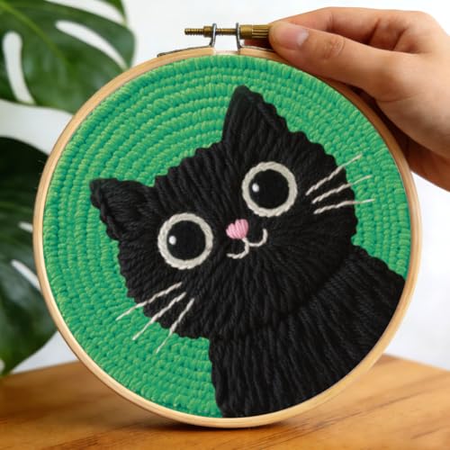 BEUNITONE 2Pcs Cute Cat Punch Needle Kit for Beginners, Starter Embroidery Kits with Frame & Instructions, Needle Felting Kit Poke Art for Adults DIY Handmade Craft for Coasters, Bags, Clothes Decor - color: 06-Peeking Cat