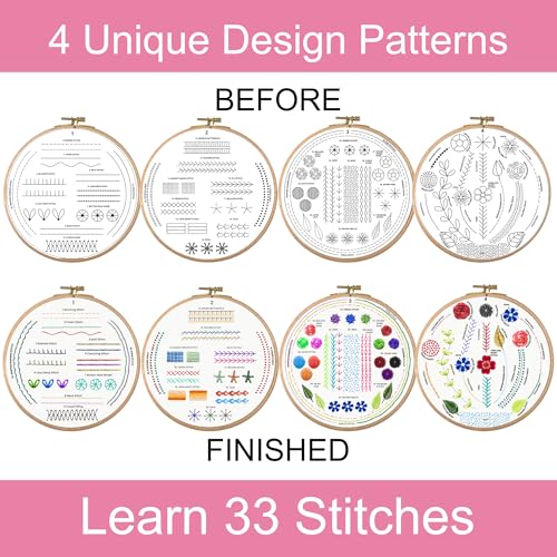 Moni Crafts Embroidery Kit for Beginners – DIY Hand Embroidery Set for Adults with 4 Stamped Patterns, Hoop, Threads, Needles and Step-by-Step Stitch Guide to Learn 33 Stitches - color: Beginners - Practice