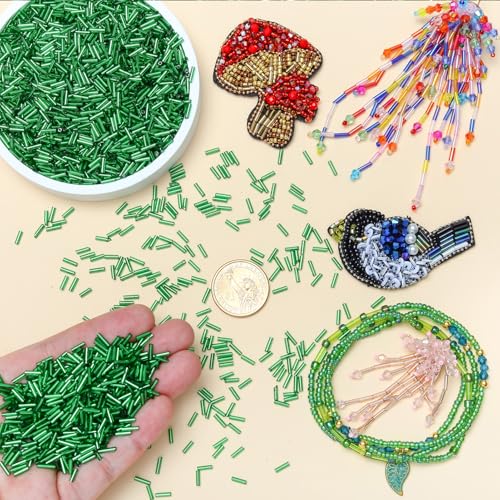 4200pcs Glass Bugle Beads, Mini Long Tube Seed Beads Bulk, Tiny Small Loose Spacer Embroidery Beaded for Bracelets Jewelry Making Sewing, Crafts, Christmas Ornaments, 2×6mm, Lime Green - color: Dark green