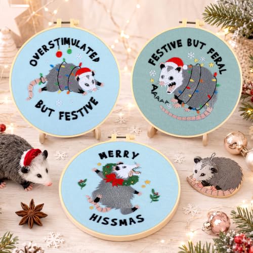 Mindsoft 3 Set Needlepoint Kit for Beginners with Hoop,Christmas Possum - style: Christmas Possum