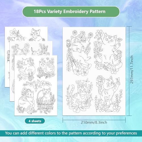 ORIGACH 4 Sheets Water Soluble Embroidery Patterns Stabilizers - Pre-Printed Cat & Flower Designs - Stick & Stitch Embroidery Paper for Hand Sewing Lovers - color: Cat & Flower