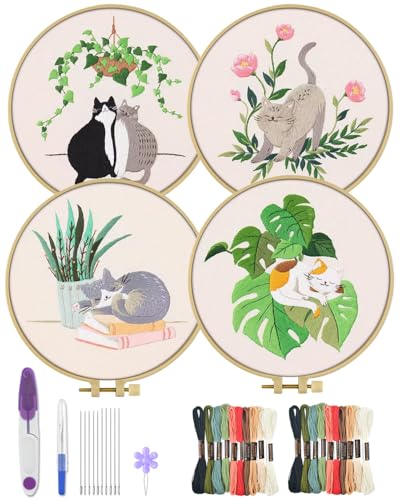 ERKOON 4 Sets Embroidery Kit for Beginners,Hummingbird and Flower Cross Stitch Set for Include Embroidery Cloth Hoops Threads for Craft Lover Hand Stitch (Cat) - color: Cat