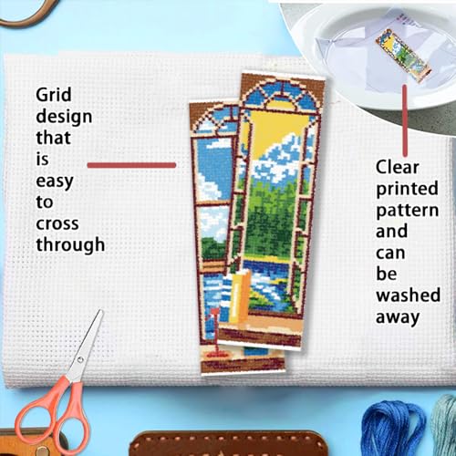 FREEBLOSS 6 Set Cross Stitch Bookmark Kit 11 CT Stamped Cross Stitch Kit DIY Embroidery Bookmark Kits for Adult Beginners with Instructions, Window Views, 6 x 20 cm/8" x 2.4" - style: Windows