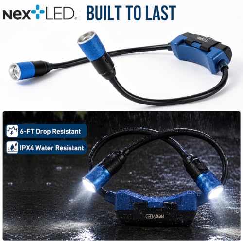 NextLED NT-6763 Rechargeable Neck Light, 500 Lumens Mechanic Neck Light with Adjustable Spot/Flood Beams, Flexible Arms, Magnetic Mounts, Replaceable Battery, Wearable Flashlight for Work & Repair