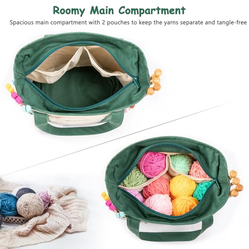 MYBAGZING Yarn Bags for Crocheting,Canvas Crochet & Knitting Tote Organizer - color: Nature-Green, size: Medium-12.5“