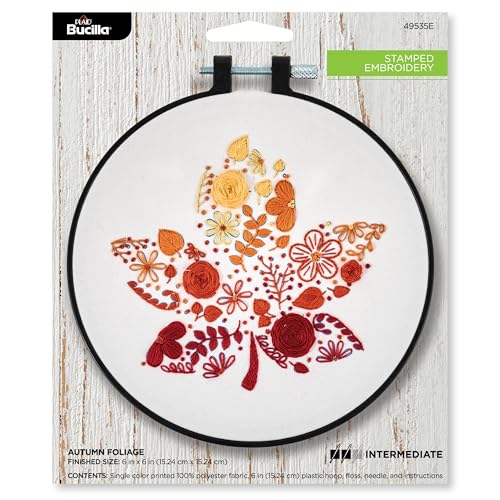 Bucilla, Stamped Embroidery Kit, Autumn Foliage, Includes 6" Hoop, Floss, Needle, and Instructions