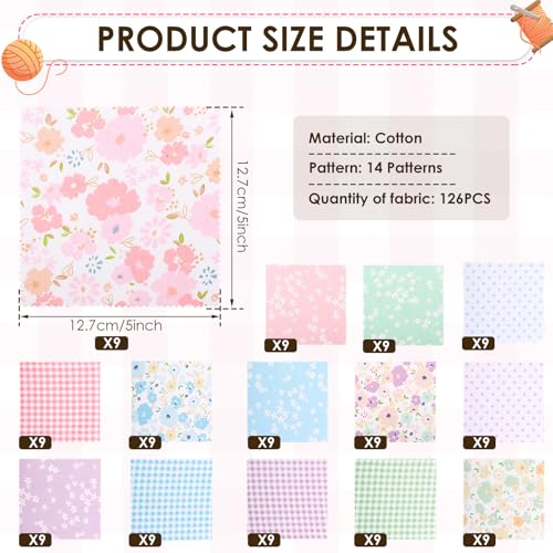 126 Pcs Charm Pack for Quilting 5 inch, 100% Cotton Fabric Square Pre Cut Quilted Fabric Floral Patchwork for Sewing DIY Craft Project Blanket Making Assorted (Pink) - color: Pink
