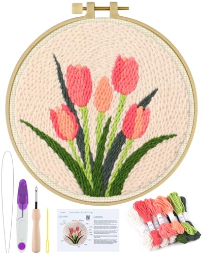 ERKOON Punch Needle Kit Beginners Adults, DIY Easy Flower Embroidery Set for Starter Art Craft, Needling Punching Project with Patterns, Tools, Yarns, Hoop, Instruction (Tulips) - color: Tulips