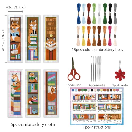 INFUNLY 6 Set Fox Reading Cross Stitch Bookmark Kit DIY Cross Stitch Kit 8"x2.4" Pre-Printed Books Stamped Embroidery Bookmark with Instructions for Beginners Book Lovers Gifts - style: Fox Reading