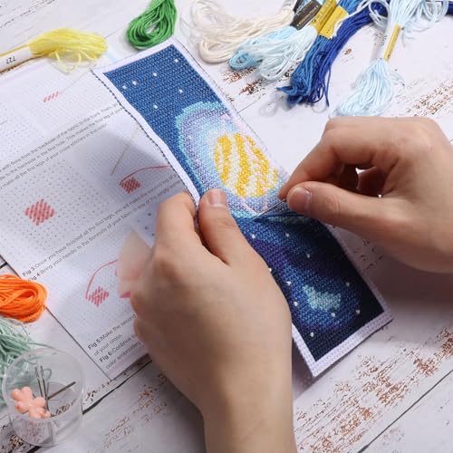 ORIGACH 6 Set Cross Stitch Bookmark Kit for Beginner Starry Sky Pattern DIY Stamped Embroidery Bookmark Kit with 20 Colors Embroidery Floss Instructions 8''x2.4'' - style: Starry Sky