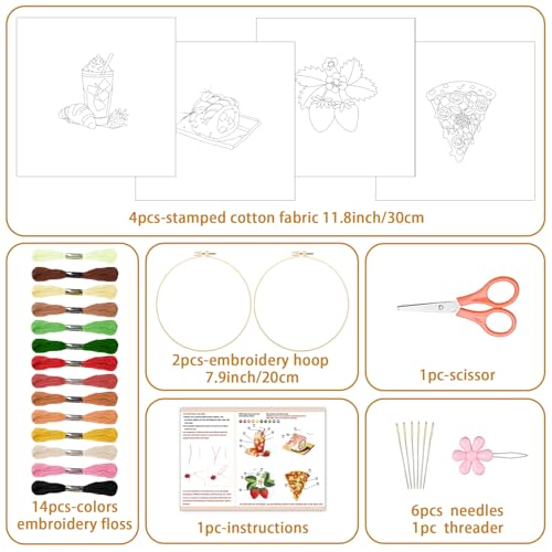 BEUNITONE 4 Set Strawberry Embroidery Kit with Hoops for Adult Beginners - style: D-Food