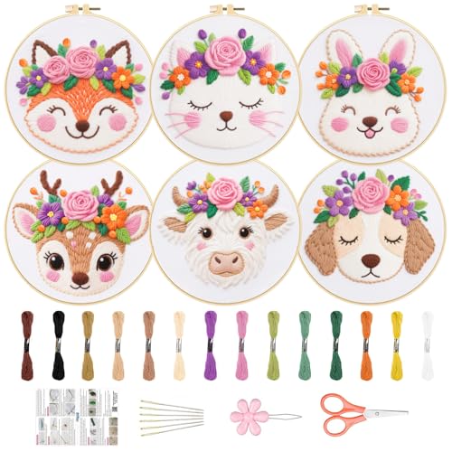 ORIGACH 6 Pack Animals & Floral Crown Embroidery Kit for Beginners - style: Animals & Floral