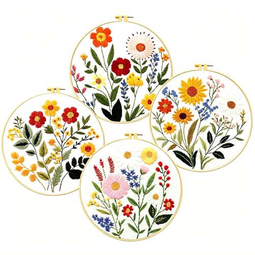 Zhenqing 4-Piece Floral Embroidery Kit for Beginners - Complete Set with Sunflower, Daisy Designs & Pre-Printed 29x29cm Cotton Fabric, Hoop, Threads & Tools(C0166) - color: C0166