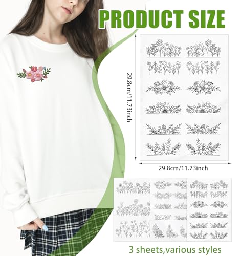 3 Sheets Water Soluble Embroidery Patterns, Stick on Embroidery Patterns with Pre-Printed Flower Leaf Designs, Embroidery Transfer Paper for Hand Sewing