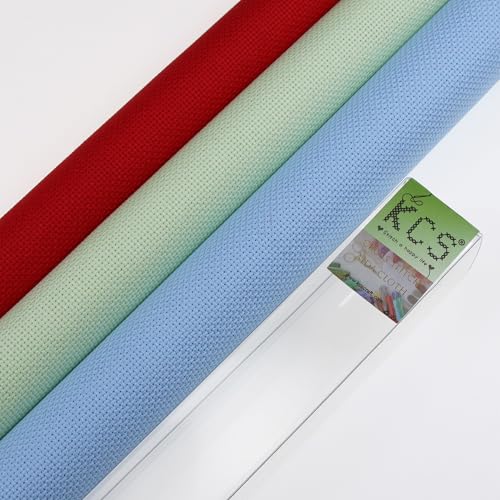 KCS 3 pc of 15" x 18"(38cmx45cm) Counted Cross Stitch Cotton Aida Cloth Needlework Rolled Fabric Box,18CT,Light Blue+Light Green+Red - color: Light Blue+light Green+red, size: 18CT