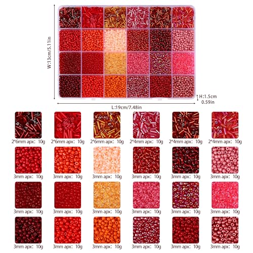 LAIDANLA 7500pcs Red Glass Seed & Bugle Tube Beads Kit for Jewelry Making - color: Red