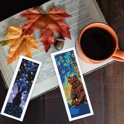BEUNITONE 6 Pcs Cross Stitch Bookmark Kit for Beginner Black Moon Animals Counted Cross Stitch Kit with Instruction Stamped Embroidery Bookmarks Handmade for DIY Crafts Book Lovers 8.5''x3'' - style: Animal and Night Scene