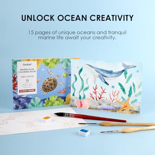 Grabie Watercolor Coloring Book, 15 A5 Cotton Sheets, Ocean Themed - color: Ocean