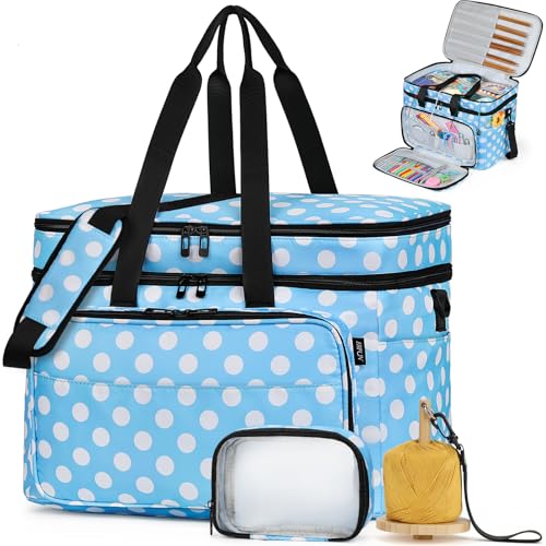 Crochet Organizer Bag with Yarn Holder, Large Yarn Storage for Accessories - color: Polka Dots
