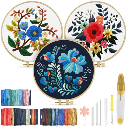 TINDTOP 3 Sets Embroidery Kit for Adults, Floral Embroidery Practice Kit - color: Floral 3 Sets