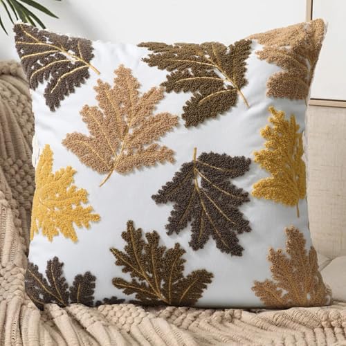 Set of 2 Embroidered Decorative Throw Pillow Covers Couch Square Pillowcases Cushion for Bedroom Sofa Farmhouse Decor 18x18 Inch (Yellow Maple Leaf) - color: Yellow Maple Leaf