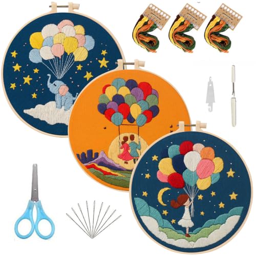 FEIYUENO 3 Sets Embroidery Starter Kits for Beginners Adults (Ballon) - color: Balloon