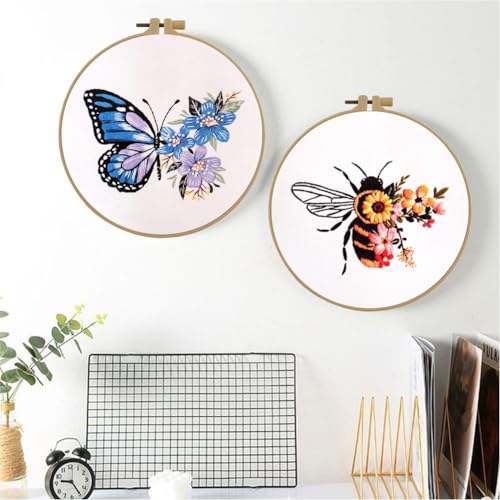 Esffaci Embroidery Starter Kit for Adult Beginner with Bee Pattern Hand Embroidery Set with Embroidery Cloth Hoop Needle Threader Embroidery Floss and Instruction - color: Bee A