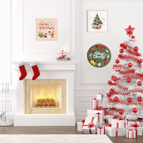 LB Christmas Embroidery Kit for Beginners Adults, 3 Sets Hand Embroidery Starter Kit with Wreath Pattern and Instructions Stamped Cross Stitch Kits Include Embroidery Hoop Needles Threads Scissors - color: Beige Green