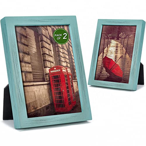 Emfogo 5x7 Picture Frame, Pack of 2 Rustic Picture Frames 5x7 with Real Glass, Solid Wood 5x7 Photo Frame for Table Top Display or Wall Mounted (Vintage Teal) - color: Vintage Teal, size: 5x7 inch