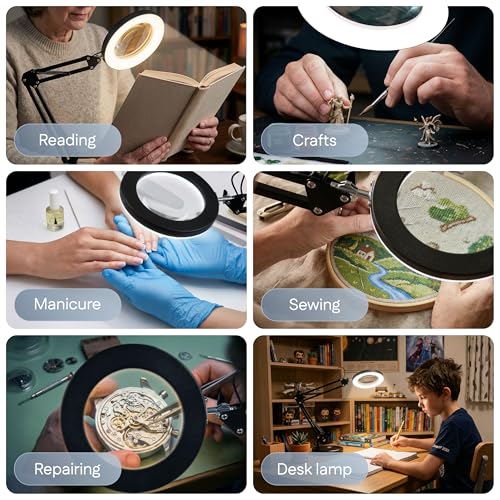 10X Magnifying Lamp - Desk Magnifying Glass with Light, Lighted Magnifying Glass with Stand, Magnifying Light, 5 Color Modes, 2 Mounting Options, USB Cable, Adapter & Magnetic Tray, Black - color: Black
