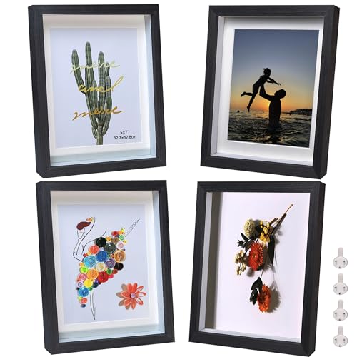 5x7 Shadow Box Frame Small Shadow Box Display Case 4 Pack Black Picture Frame Glass Surfaces Internal Depth 0.6 inch for Wall Or Tabletop - color: Black, size: 5x7 inch