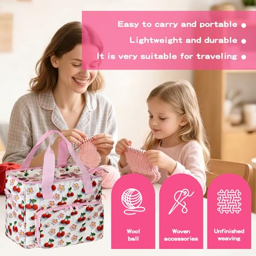 Large Crochet Bag for Yarn Storage - 6-Pocket Knitting Tote Organizer with Eyelets & Elastic Loops, Tear-Resistant Canvas Project Bag for Needles/Hooks, Portable Workstation for Crocheters (Cherry)