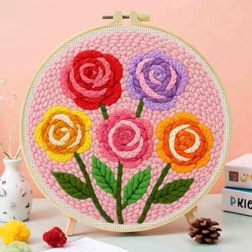 ZuoAnLF Punch Needle Kit for Beginner, Rug Yarn Hooking Beginner Kit with Instruction, Punch Needle Fabric with Pattern, Yarns, Embroidery Hoops for Punch Needle 20CM/9.8INCH (Flower) - color: flower