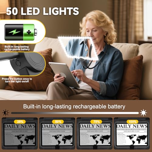 10X Large Magnifying Glass with Lights for Reading,Full-Page Magnifier for Reading Rechargeable 50 LED Lights,Neck-Wear Magnifying Glass with Light, Close Work, Sewing, Low Vision, and Seniors