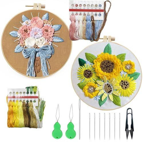 Allazone 2 Sets Embroidery Kit for Beginners, Stitch Practice Kits for Craft Lover Hand Stitch with Embroidery Fabric with Stamped Pattern, Starter Stitch Kits Suitable for Adults (Sunflower) - color: Sunflower