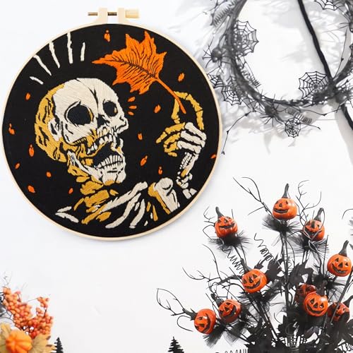 Crafmanoe Halloween Gothic Embroidery Starter Kit for Beginners Adults, Skull Skeleton Stamped Cross Stitch Kits for Beginners Adults, Funny Fall Hand Embroidery Needlepoint Kits with Video Tutorial - color: H833, size: 8Inch