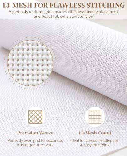 2 Pack 13-Mesh Needlepoint Canvas, 20" x 18" White Embroidery Blank Fabric for Cross Stitch & DIY Crafts