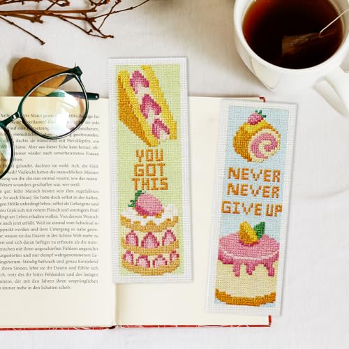 INFUNLY 6PCS Fruit Cake Cross Stitch Bookmark Kit for Adult 3×8.5inch DIY Inspirational Word Embroidery Bookmark Set with Instruction Birthday Cake Counted Cross Stitch Kit for Student Book Lover - style: Fruit Cake