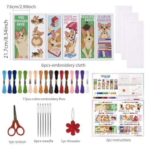ORIGACH 6 Set Cute Dog & Book Cross Stitch Bookmark Kit for Beginner - style: Cute Dog & Book