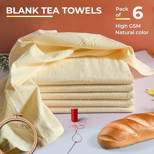 Natural - Blank Plain - 100% Cotton Tea Towels For Kitchen - For Crafting Embroidery Baking Sourdough Bread Proofing - 18"X28" - 6 Pack - Flour Sack Dish Towels - Heavy Weight Linen High Threadcount - size: 18"x28" Set of 6