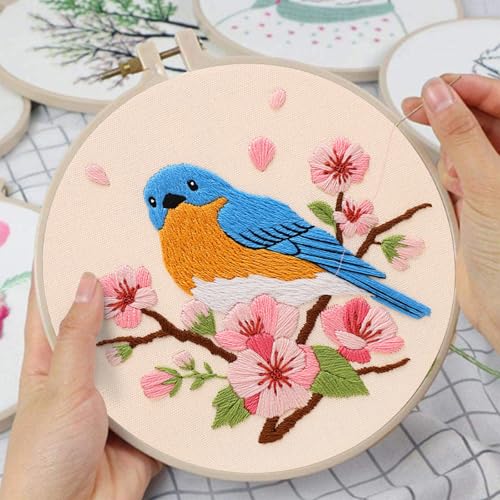 Louise Maelys Blue Bird Embroidery Kit for Beginners, DIY Floral Kit - color: Blue Bird