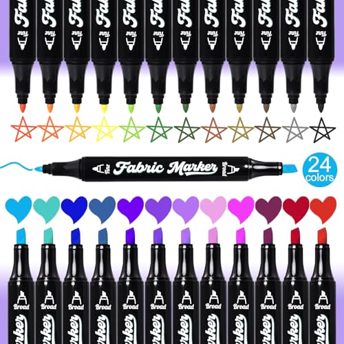 Reaeon Fabric Markers Pen, 24 Colors Dual Tip Fabric & T-Shirt Marker Set, Permanent Fabric Paint Pens for Clothing Canvas Tote Bags and Shoes (Chisel & Fine Tip) - color: 24-Colors