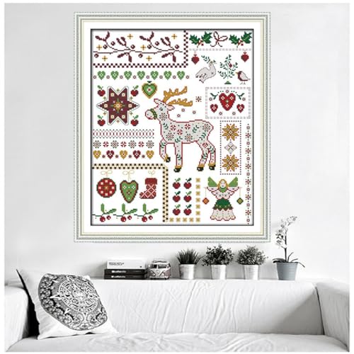 Rosyfoxes Cross Stitch Kits Stamped Full Range of Embroidery Starter Kits for Beginners DIY 11CT 3 Strands - Printed kit Santa Elk with Dolls (Printed) 16.9x20.1 inches - color: Santa elk with dolls(printed)16.9x20.1inches
