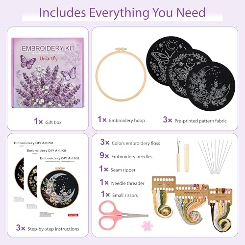 Uniartfy 3 Sets Butterfly Bee Moon Embroidery Kits for Beginners, DIY Cross Stitch Starter Craft Kit for Adults, Needlepoint Kits Including Cloth with Flower Plant Pattern, Hoop, Tools, Instructions - color: Embroidery Kit-O
