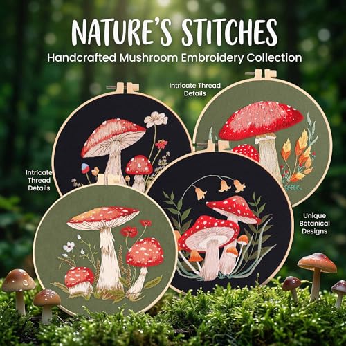 Harimau Adult Beginner Embroidery Starter Kit, Complete Set with 4 Patterns, 2 Hoops, Needles, Scissors, Instruction Guide & Stitching Video Tutorials - color: Mushroom1 pattern
