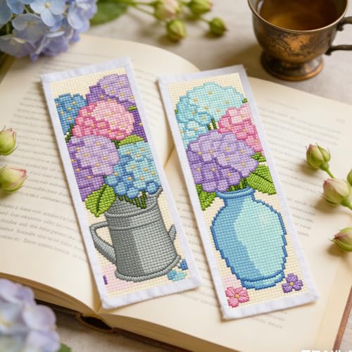 ORIGACH 6 Set Hydrangea Cross Stitch Bookmark Kit for Beginner - style: Hydrangea