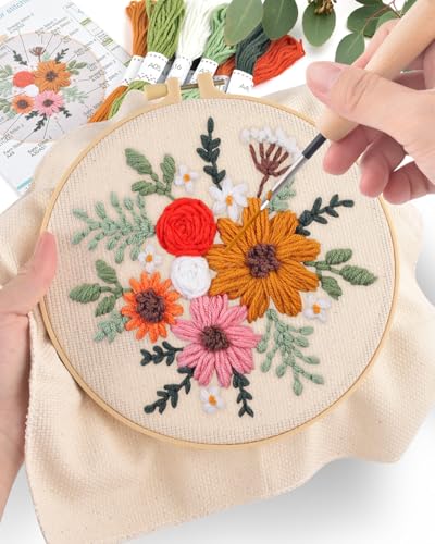 ERKOON Punch Needle Kit Beginners Adults, DIY Easy Flower Embroidery Set for Starter Art Craft, Needling Punching Project with Patterns, Tools, Yarns, Hoop, Instruction (Rainbow Flowers) - color: Rainbow Flowers