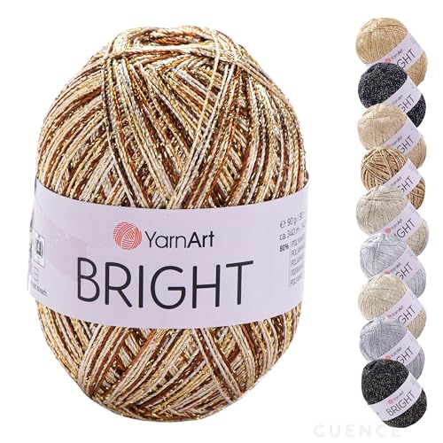 YarnArt Bright Metallic Glitter Yarn – 80% Polyamide 20% Metallic Polyester, 90g 340m, Soft Sparkle Fiber for Crochet, Lace, Summer Tops & Accessories – 4 mm Needle & Hook (227, Multicolor Gold Mix) - color: 227, Multicolor Gold Mix